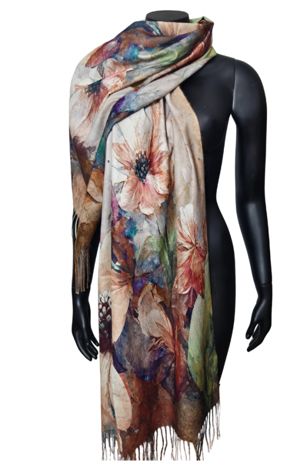 Elegantný viskózový šál s kvetmi - hnedý